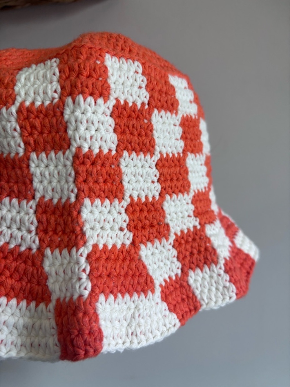 Handmade Crochet Checkered Bucket Hat in Orange & Cream - Picture 2 of 3